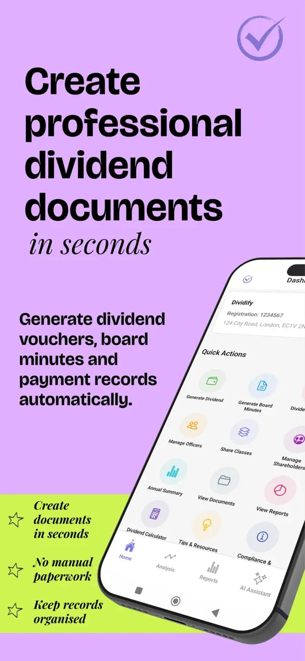 Dividify app dashboard with quick actions for vouchers, minutes and records