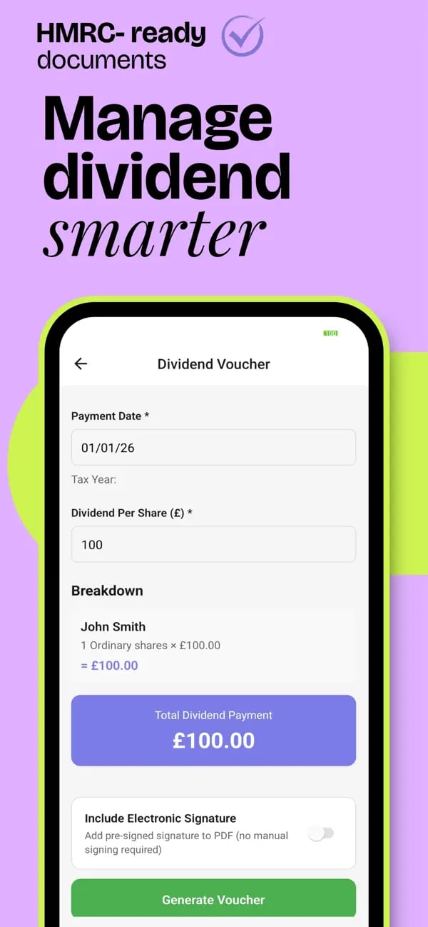 Dividify app dividend voucher screen with the per-shareholder breakdown