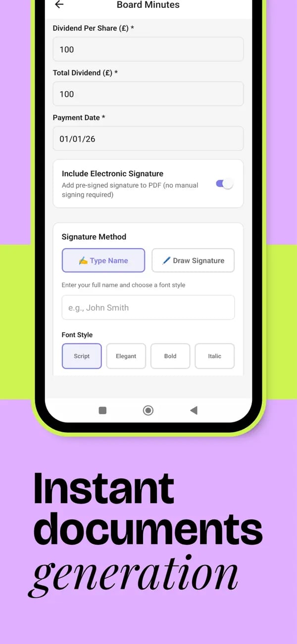 Dividify app board minutes screen with an electronic signature