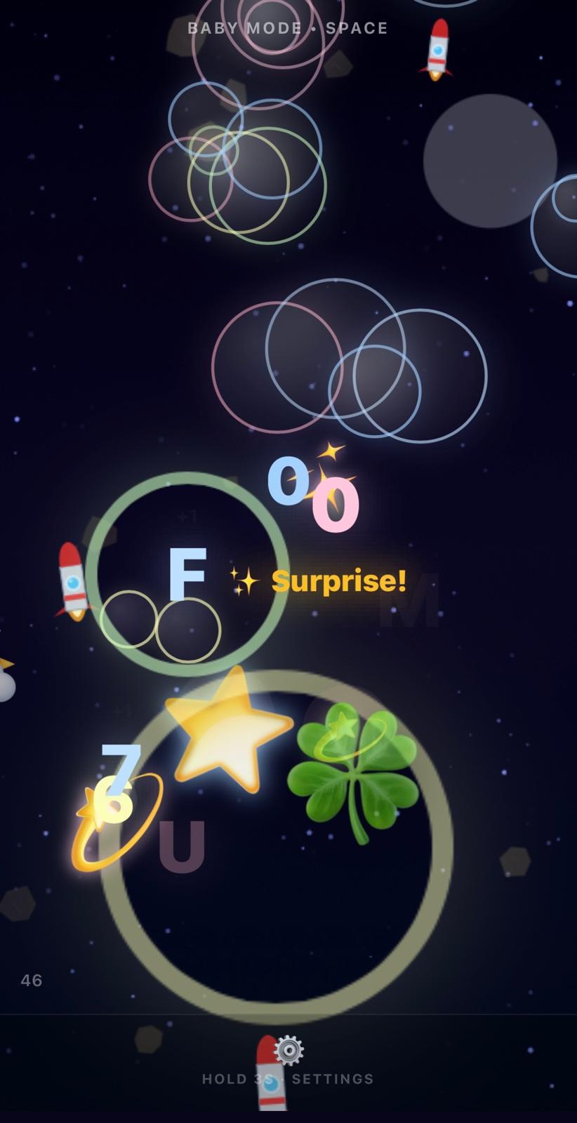 Little Taps in Baby Mode, Space theme, with letters and shapes appearing on tap